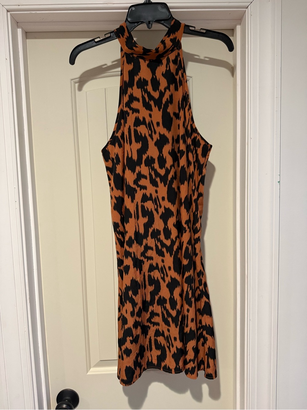 Sleeveless High-Neck Animal Print Dress in Brown and Black